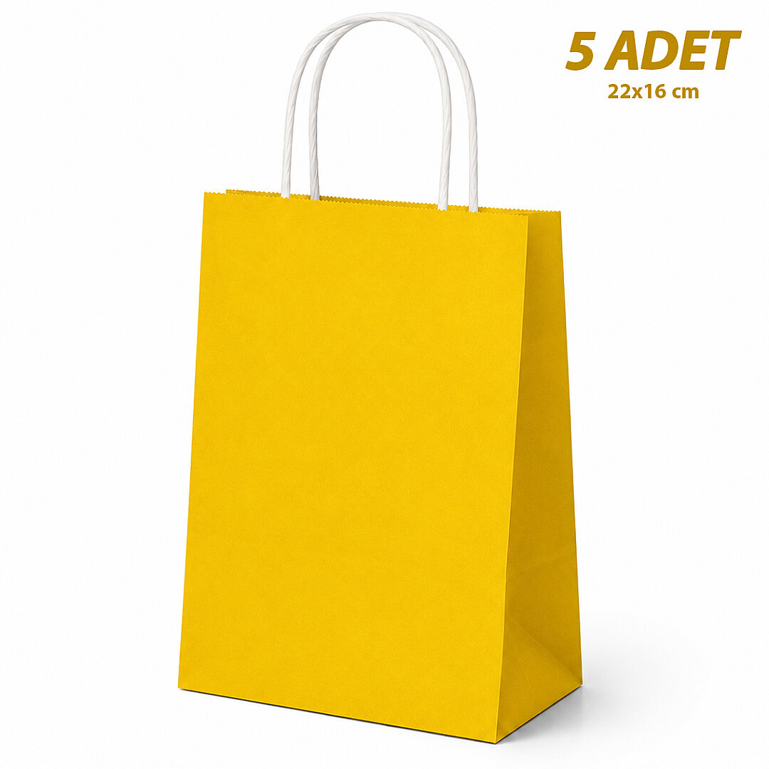 22x16 cm Hediyelik Kağıt Çanta Sarı 5 Adet 