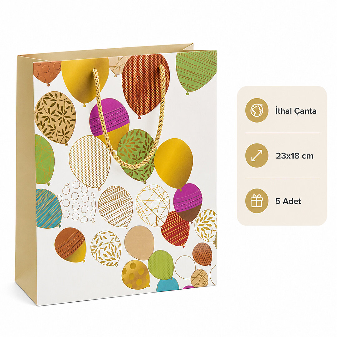 23x18 cm İthal Balon Temalı Hediyelik Kağıt Çanta Gold 5 Adet 