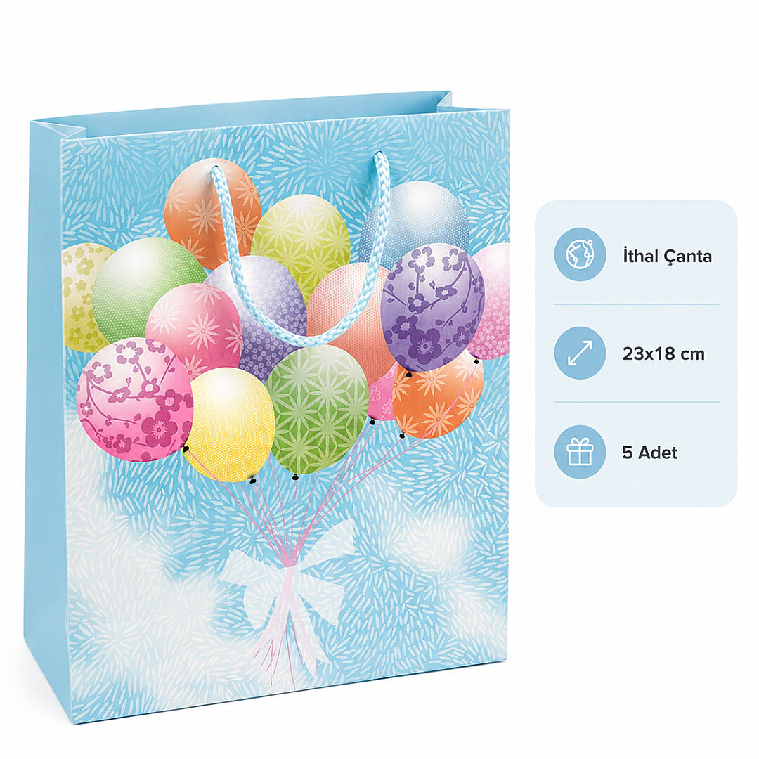 23x18 cm İthal Balon Temalı Hediyelik Kağıt Çanta Mavi 5 Adet 