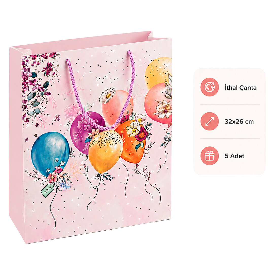 32x26 cm İthal Çiçekli Balonlu Hediyelik Kağıt Çanta Pembe 5 Adet 