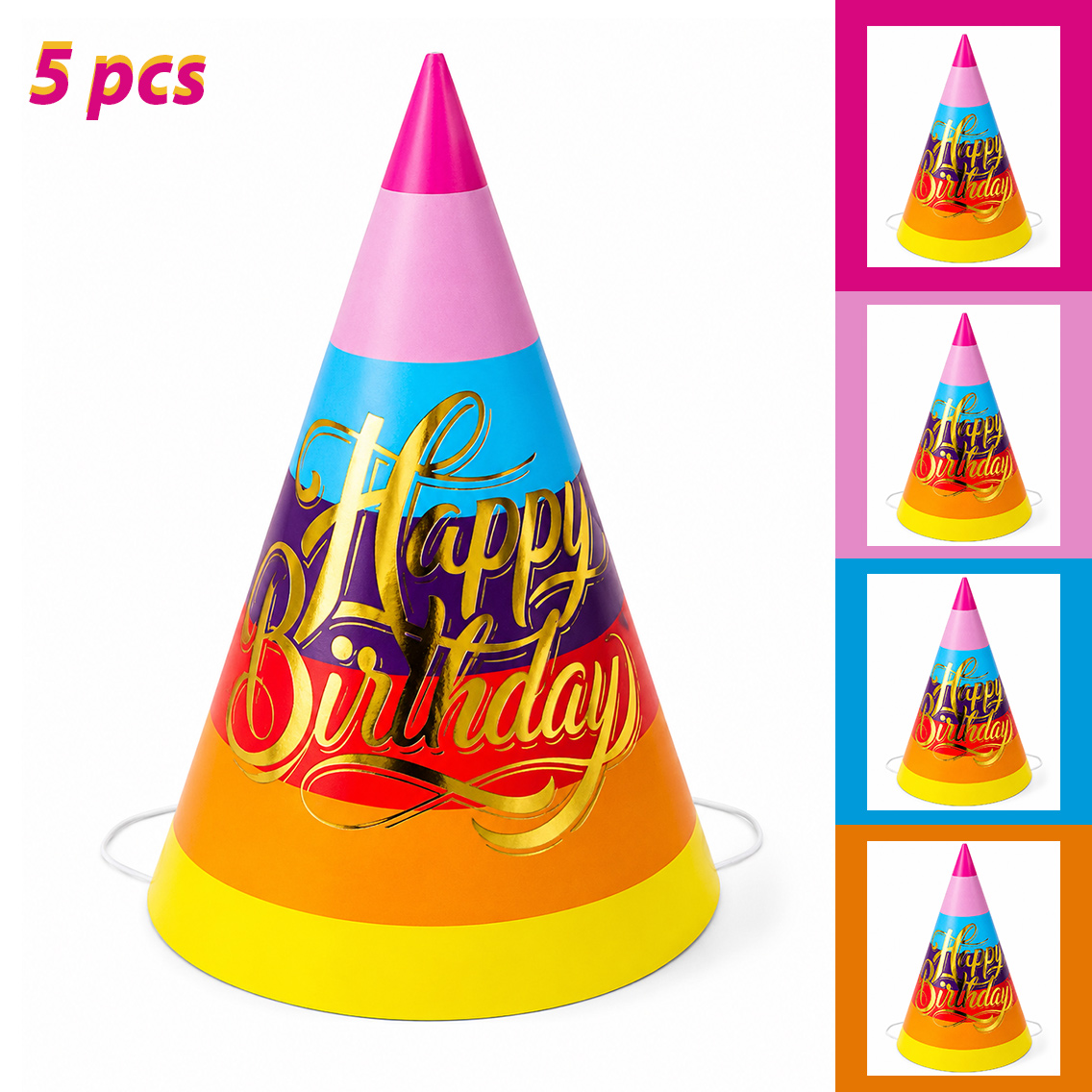 5 Li Çok Renkli Happy Birthday Parti Şapkası