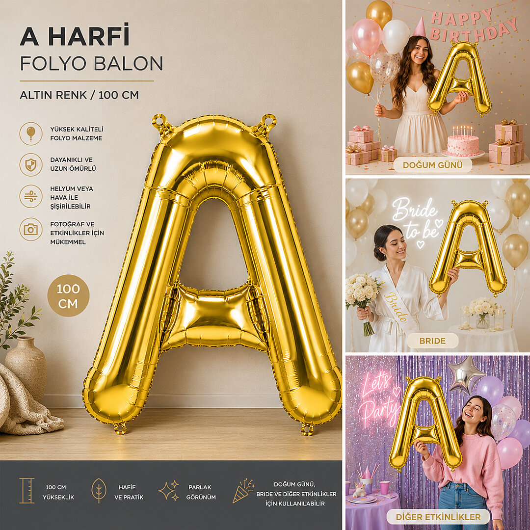 A Harfi Folyo Balon Altın Rengi (100 cm) - Beysüs (1)