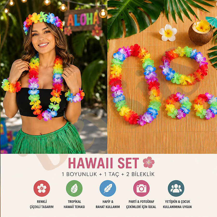 Aloha Hawaii Çiçek Seti (Boyunluk, Taç ve 2 Bileklik)