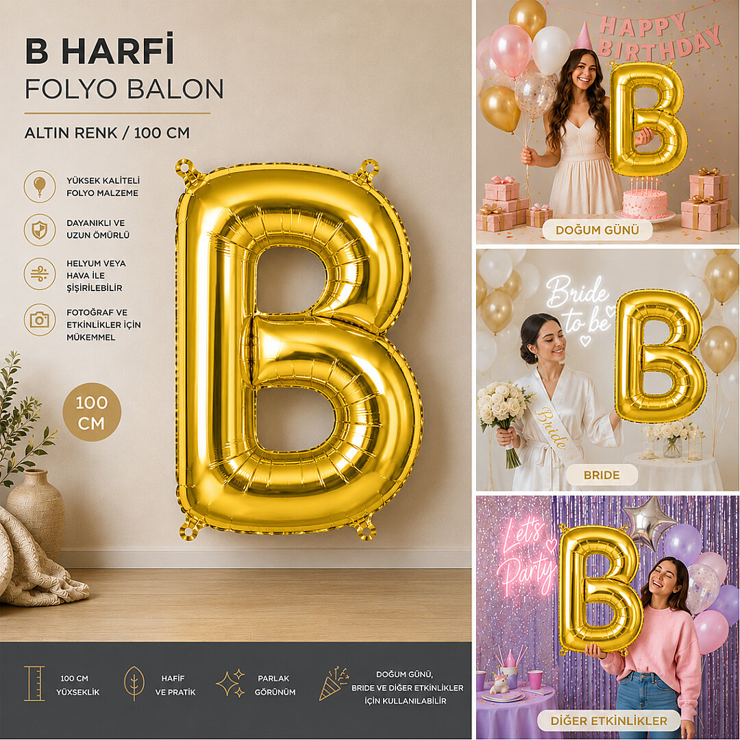 B Harfi Folyo Balon Altın Rengi (100 cm) - Beysüs (1)