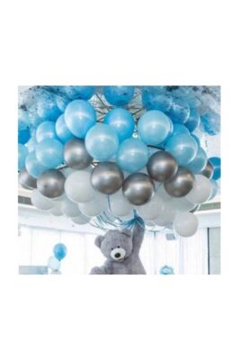 Beysüs 100 Adet Metalik Balon Ve 5 Metre Balon Zinciri Mavi Gümüş Beyaz Uçan Balon - 2