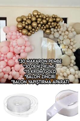 Beysüs 15 Krom Gold 30 Makaron Pembe 30 Deniz Kumu Balon Zinciri 75li Set Baby Shower 1 Yaş - 2