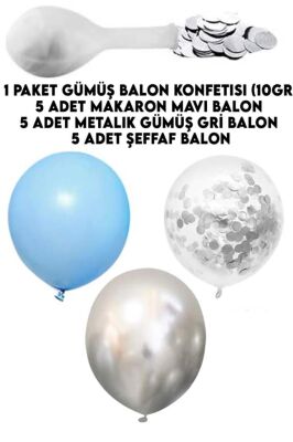 Beysüs 15 li Gümüş Konfetili 5 Şeffaf Balon 5 Makaron Mavi 5 Metalik Gri Balon Seti - 2