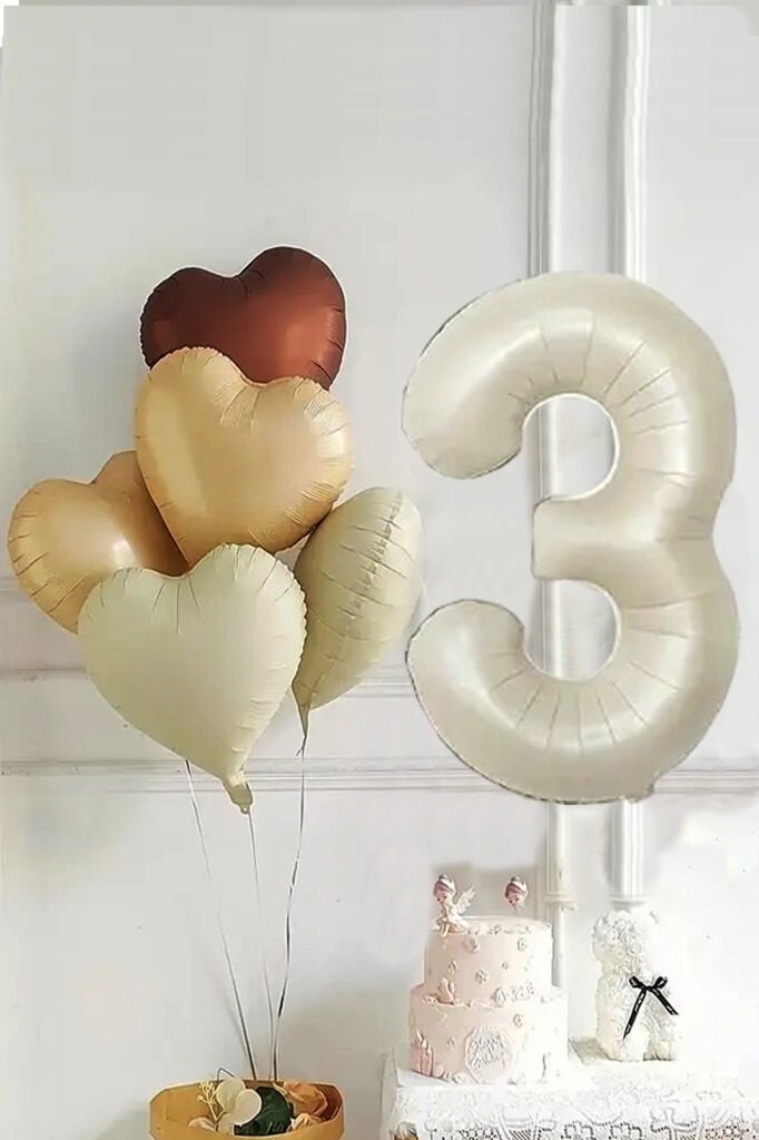 Beysüs 3 Yaş Retro Doğum Günü Balon Seti 5 Adet Kalp Balon - Beysüs