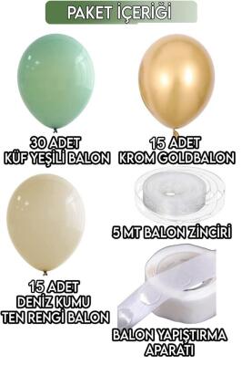 Beysüs 30 Küf Yeşili 15 Krom Gold 15 Deniz Kumu Pastel Ten Rengi Doğum Günü Ve Nişan Balon Zinciri Set - 2