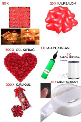 Beysüs 50 Kalp Mum 25 Kalp Balon 500 Gül Yaprağı 300 Kuru Gül 1 Balon Pompası Evlilik Teklifi Paket Set - 1