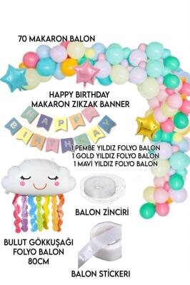 Beysüs 70 Makaron Balon 1 Bulut 3 Yıldız Folyo Balon Parti Gökkuşağı Doğum Günü Renkli Zincir Seti - 2