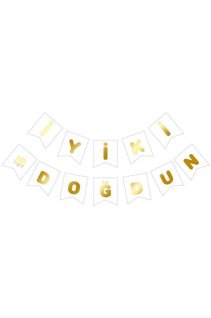Beysüs Beyaz Üstüne Gold Altın Yaldızlı İyiki Doğdun Yazılı Karton İpli Yazı Banner