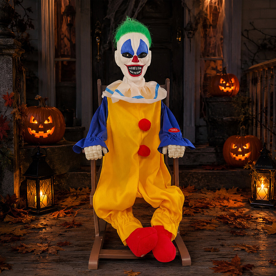 Beysüs Cadılar Bayramı Halloween Sallanan Sandalyeli Palyaço Dekor Figür Sesli Sensörlü 50 cm - Beysüs