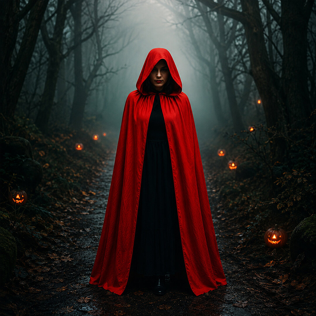 Beysüs Cadılar Bayramı Halloween Şapkalı Pelerin Kırmızı Siyah 130 cm - Beysüs