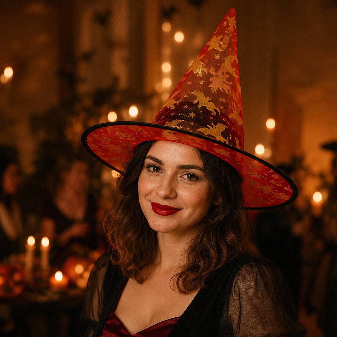 Beysüs Halloween Cadılar Bayramı Cadı Şapkası Kırmızı Gold Şeffaf Tüllü - Beysüs