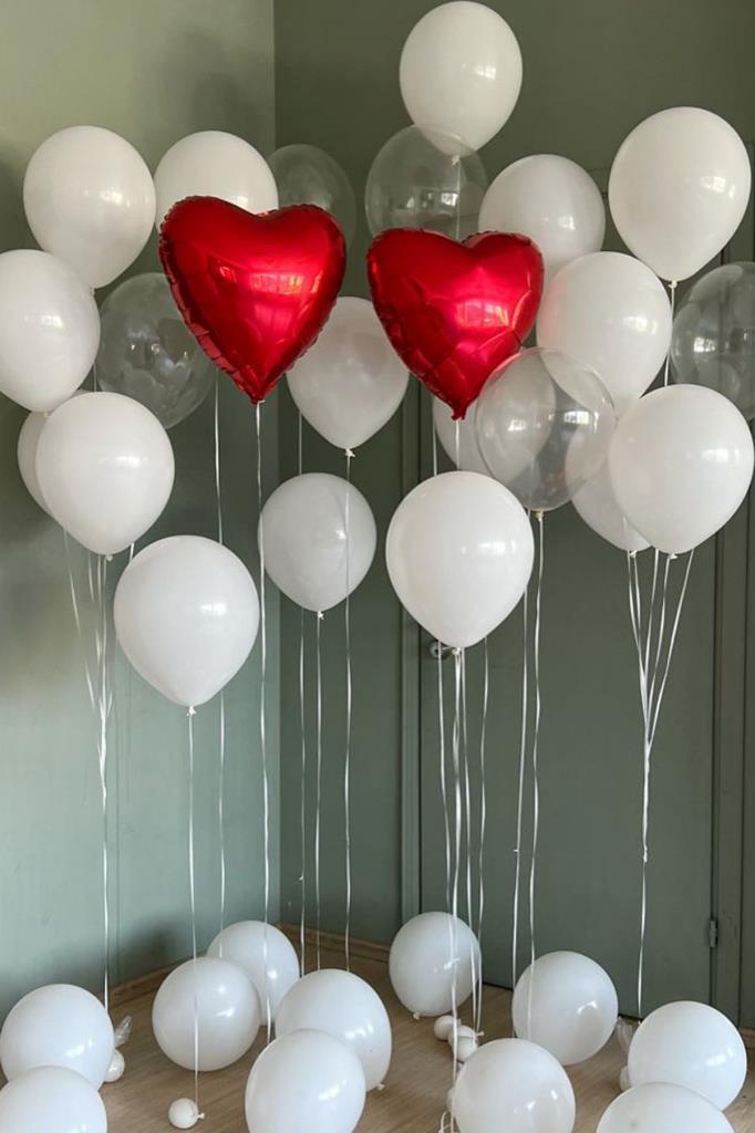 Beysüs Kırmızı Kalpli ve Beyaz Şeffaf Lateks Balon Seti