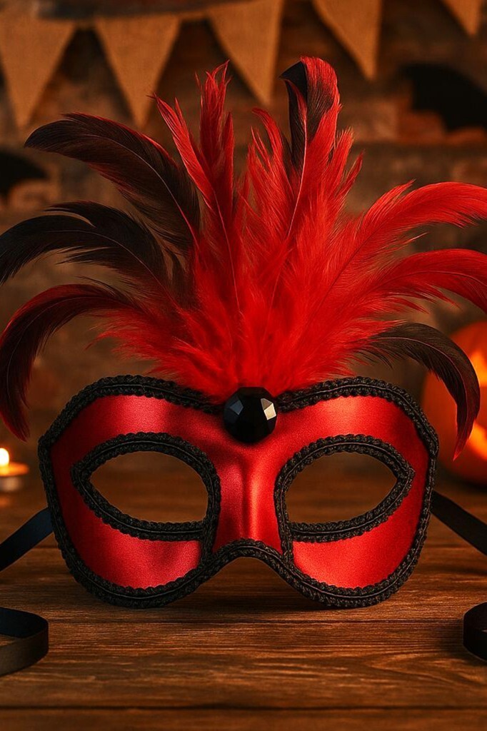 Beysüs Kırmızı Tüylü Parti Balo Maske - 4