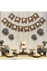 Beysüs Kraft Karton Üstüne Gümüş Gri Yaldızlı Happy Birthday Yazılı Doğum Günü Partisi Ipli Yazı Banner - Beysüs