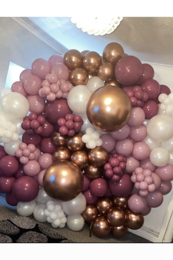 Beysüs Krom Bronz Yaban Çileği Toz Pembe Ve Beyaz Balon 60 Adet Zincir ve Pompa