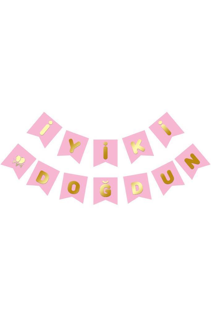 Beysüs Pembe Üstüne Gold Altın Yaldızlı İyiki Doğdun Yazılı Karton İpli Yazı Banner