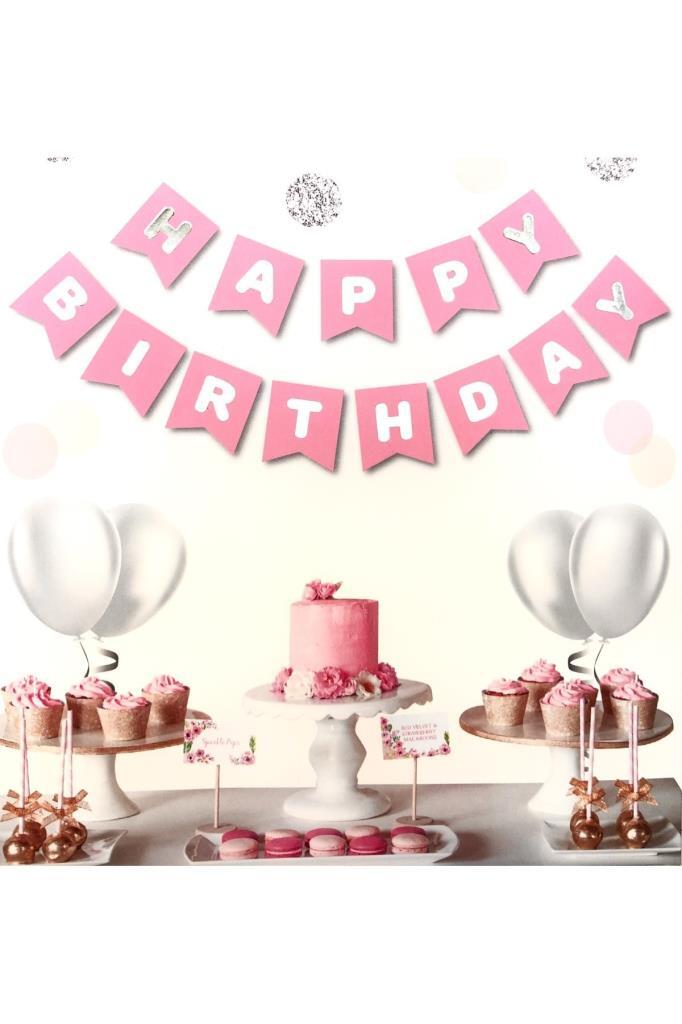 Beysüs Pembe Üstüne Gümüş Gri Yaldızlı Happy Birthday Yazılı Doğum Günü Partisi Karton Ipli Yazı Banner