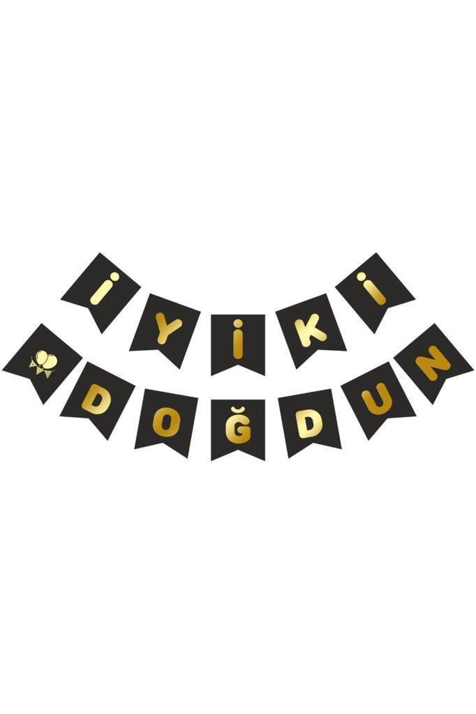 Beysüs Siyah Üstüne Gold Altın Yaldızlı İyiki Doğdun Yazılı Karton İpli Yazı Banner