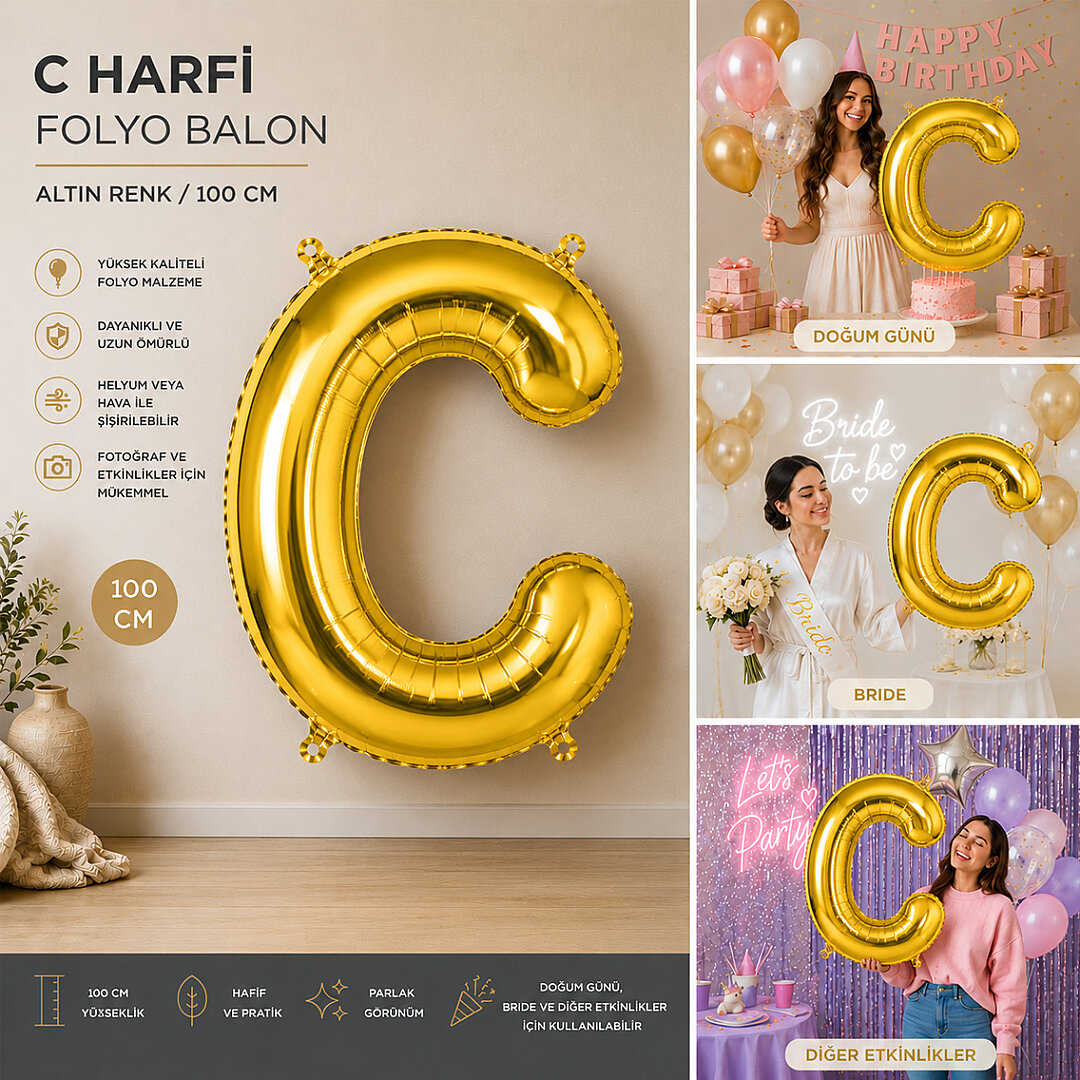 C Harfi Folyo Balon Altın Rengi (100 cm) - Beysüs (1)