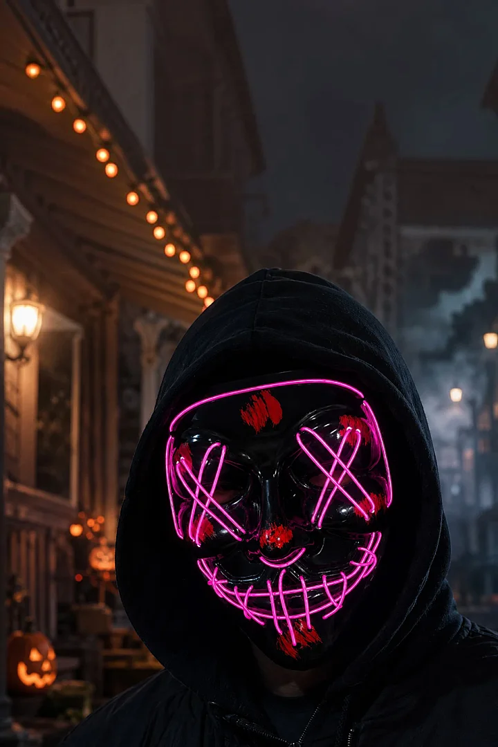 Cadılar Bayramı Siyah Maske Neon Mor Işıklı - Beysüs