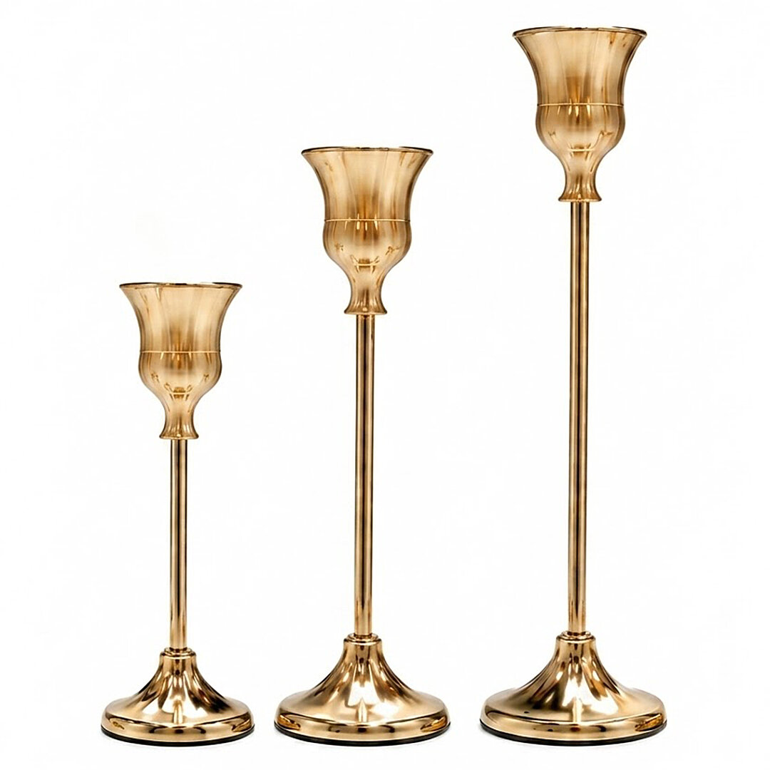 Dekoratif 3'lü Şamdan Metal Gold 
