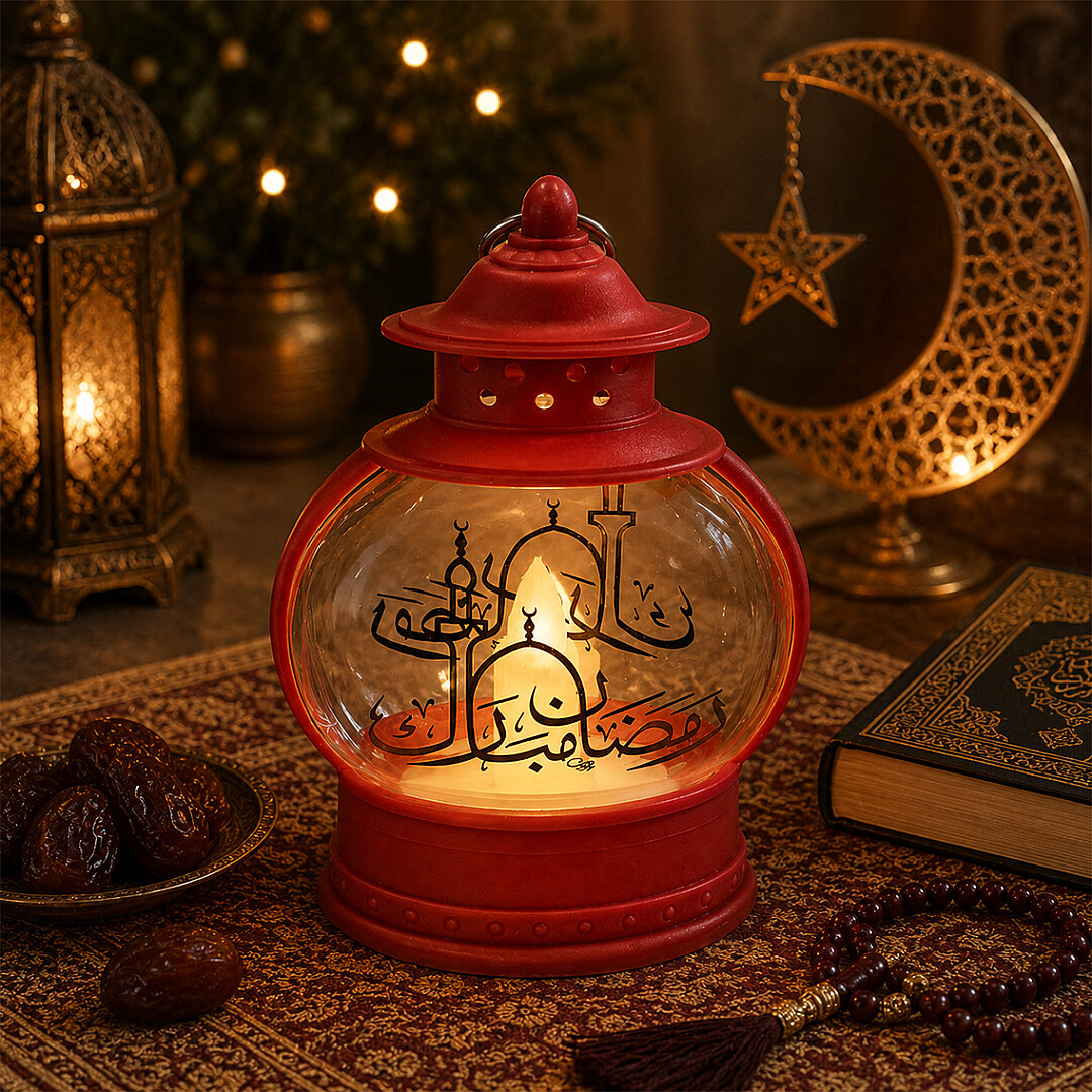 Dekoratif Ramazan Işıklı Kandil Kırmızı 13 cm 