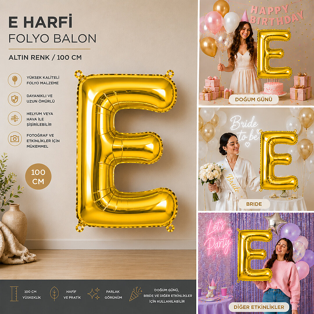 E Harfi Folyo Balon Altın Rengi (100 cm) - Beysüs (1)
