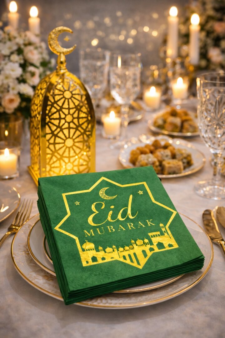 Eid Mubarak 20'Li Yeşil Altın Varaklı Desenli Peçete 