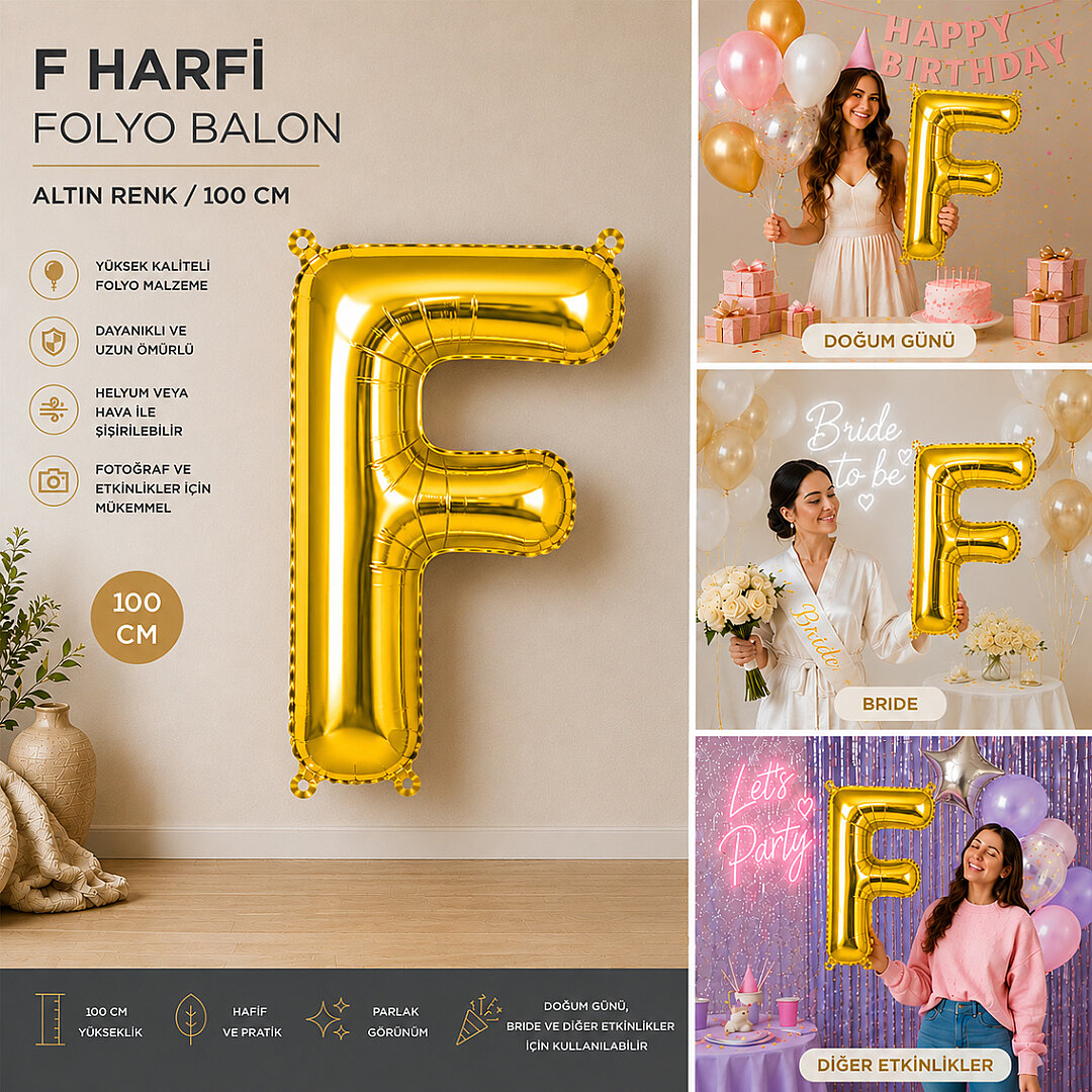 F Harfi Folyo Balon Altın Rengi (100 cm) - Beysüs (1)
