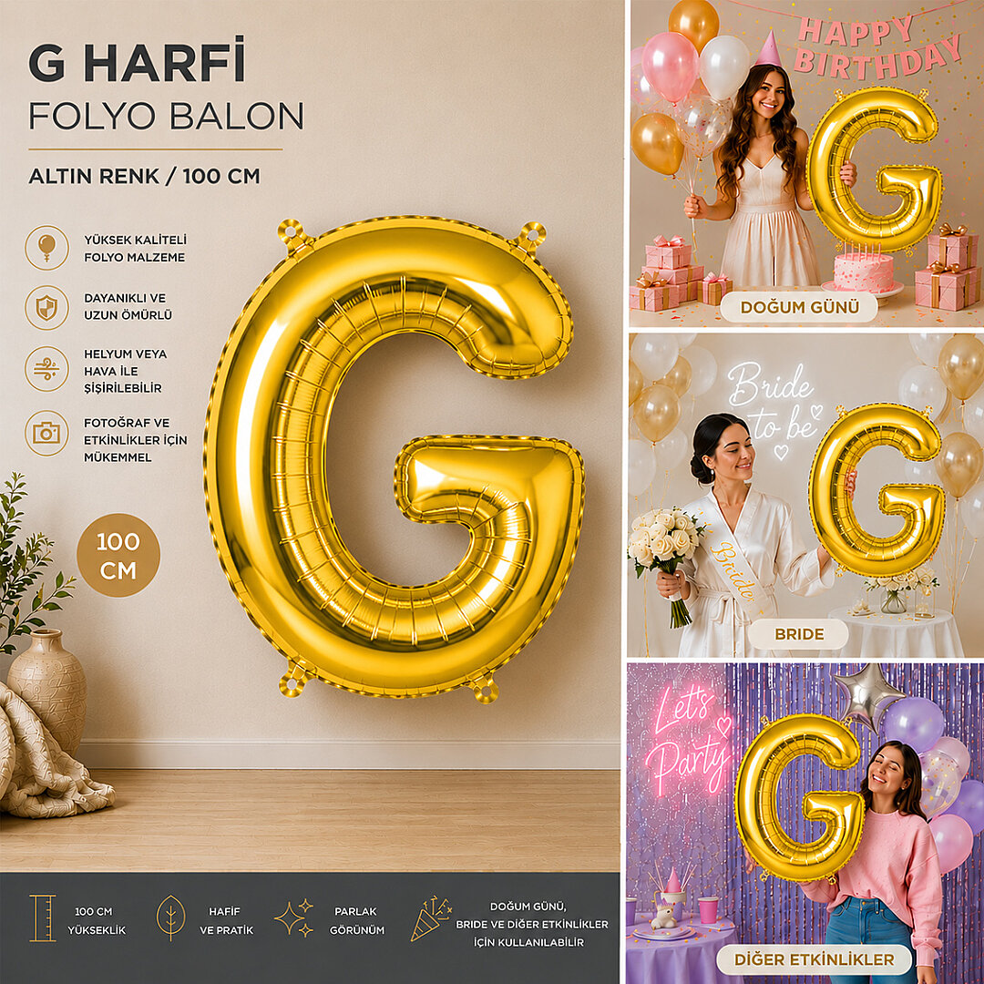 G Harfi Folyo Balon Altın Rengi (100 cm) - Beysüs (1)
