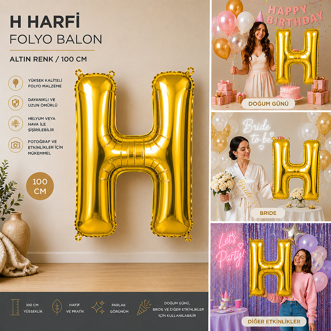 H Harfi Folyo Balon Altın Rengi (100 cm) - Beysüs (1)