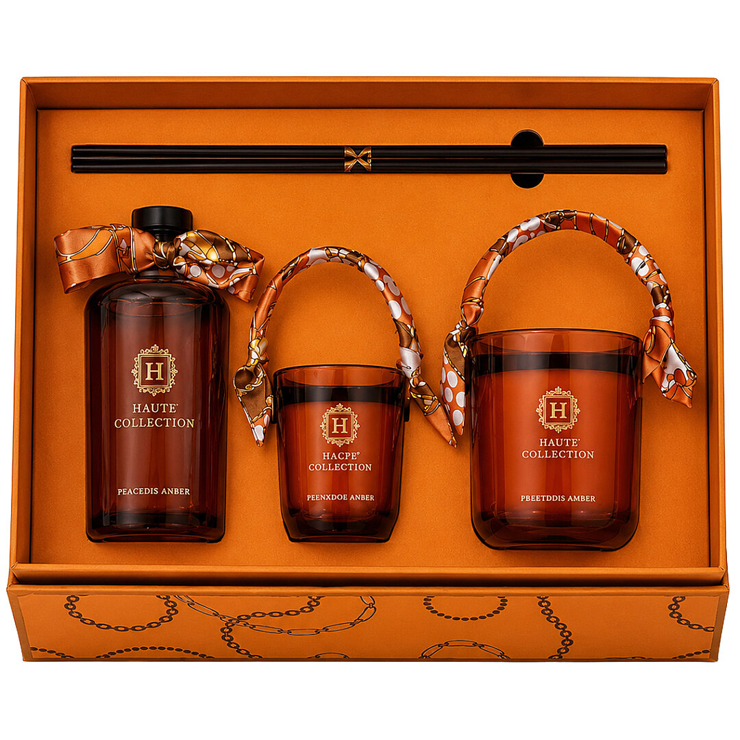 Haute Collection Precious Amber Lüks Ev Kokusu Hediye Seti Çubuklu Oda Kokusu Ve Dekoratif Mum Seti 