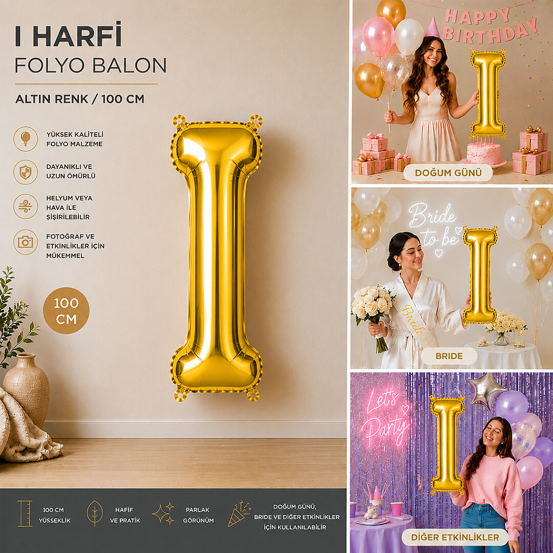 I Harfi Folyo Balon Altın Rengi (100 cm) - Beysüs (1)