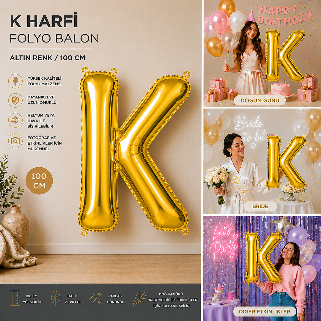 K Harfi Folyo Balon Altın Rengi (100 cm) - Beysüs (1)