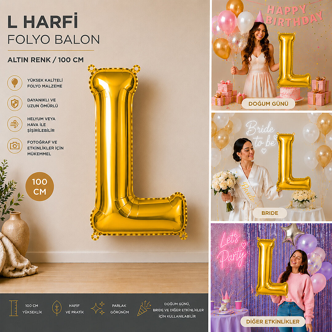 L Harfi Folyo Balon Altın Rengi (100 cm) - Beysüs (1)