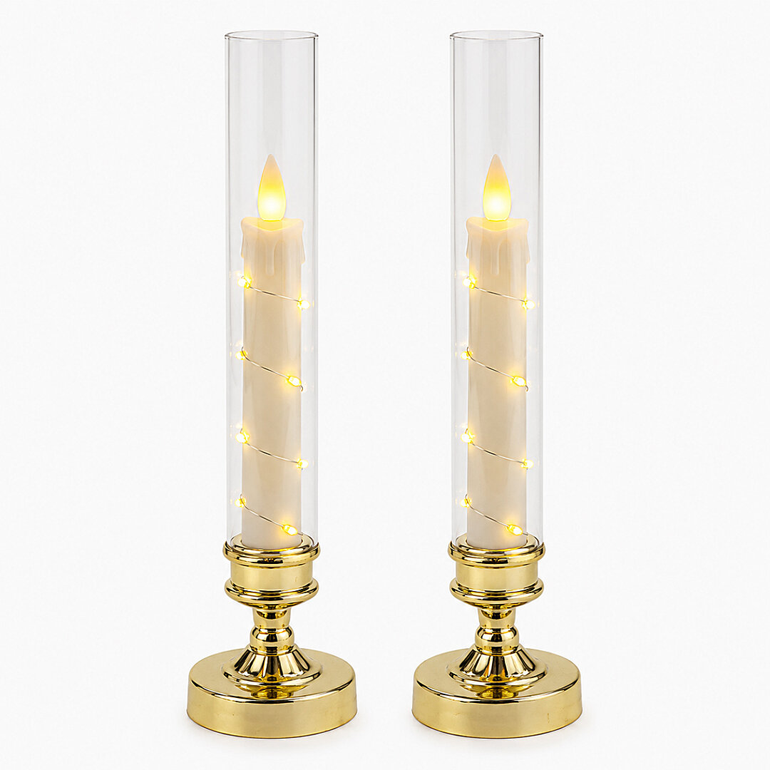 Luxury Collection Gold Ayaklı Cam Fanuslu Led Mum Seti 2'li Premium Dekoratif Aydınlatma 26 cm 