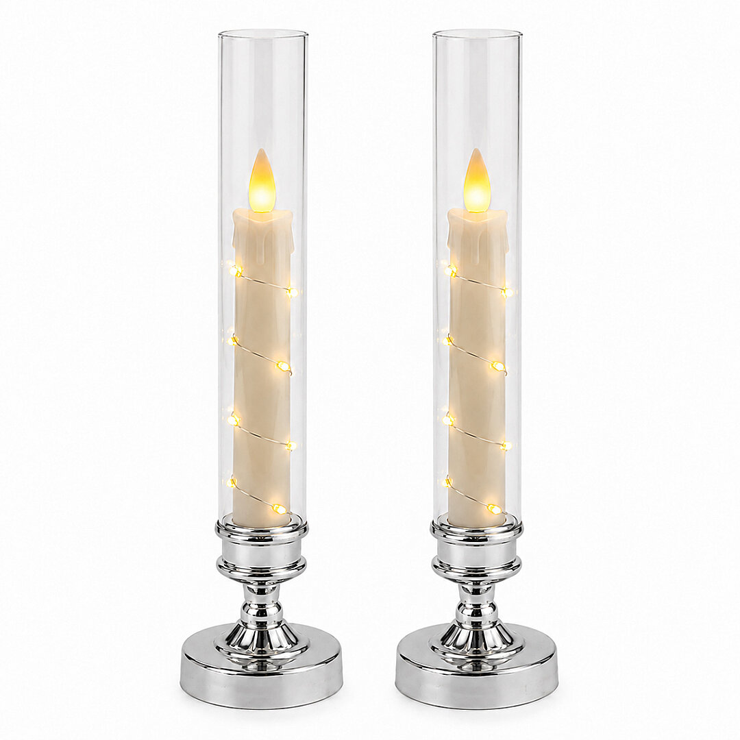 Luxury Collection Gümüş Ayaklı Cam Fanuslu Led Mum Seti 2'li Premium Dekoratif Aydınlatma 26 cm 