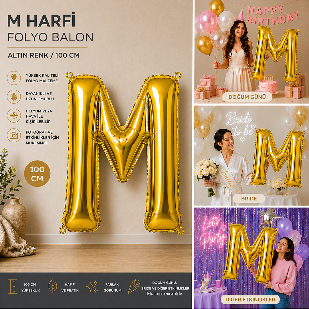 M Harfi Folyo Balon Altın Rengi (100 cm) - Beysüs (1)