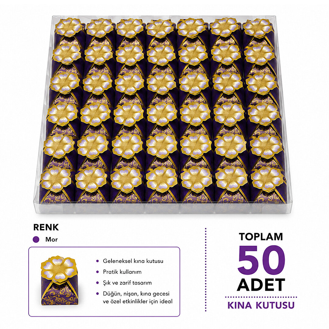 Mor Renk Kalp Desenli Kına 50 Adet 