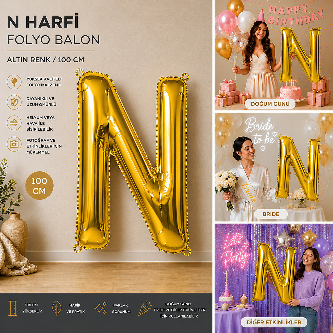 N Harfi Folyo Balon Altın Rengi (100 cm) - Beysüs (1)