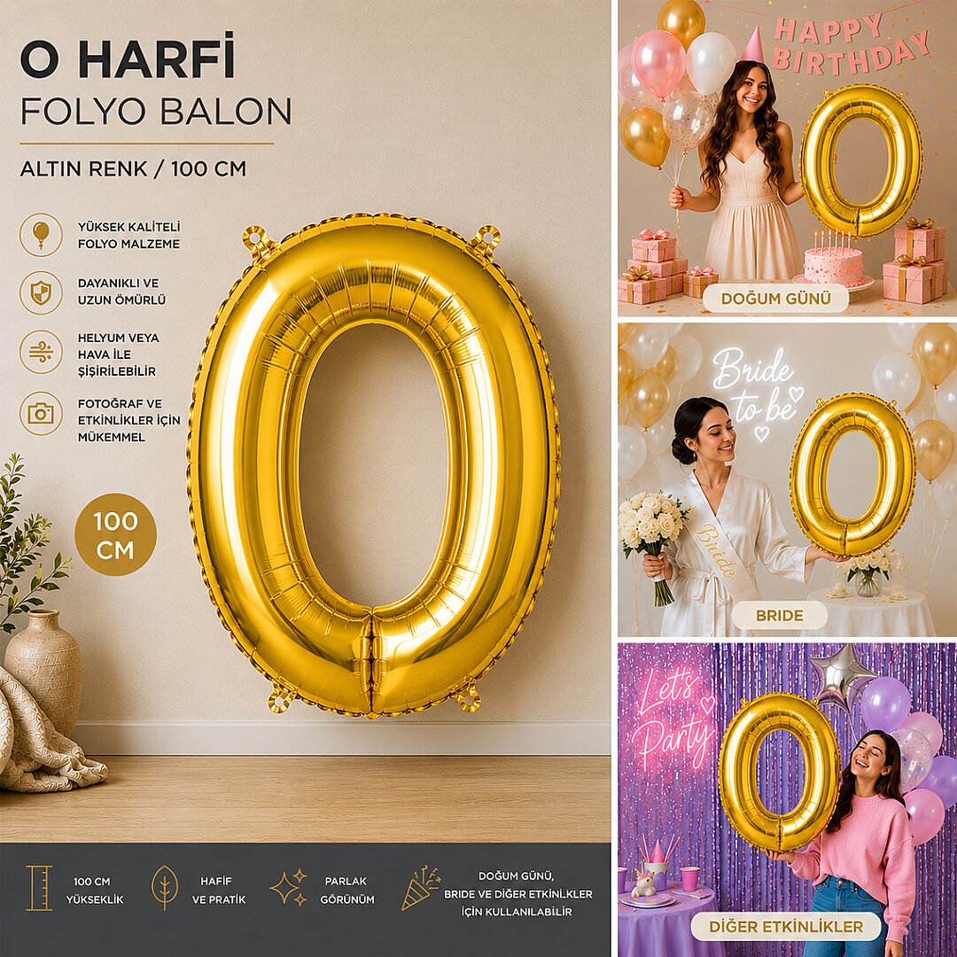O Harfi Folyo Balon Altın Rengi (100 cm) - Beysüs (1)