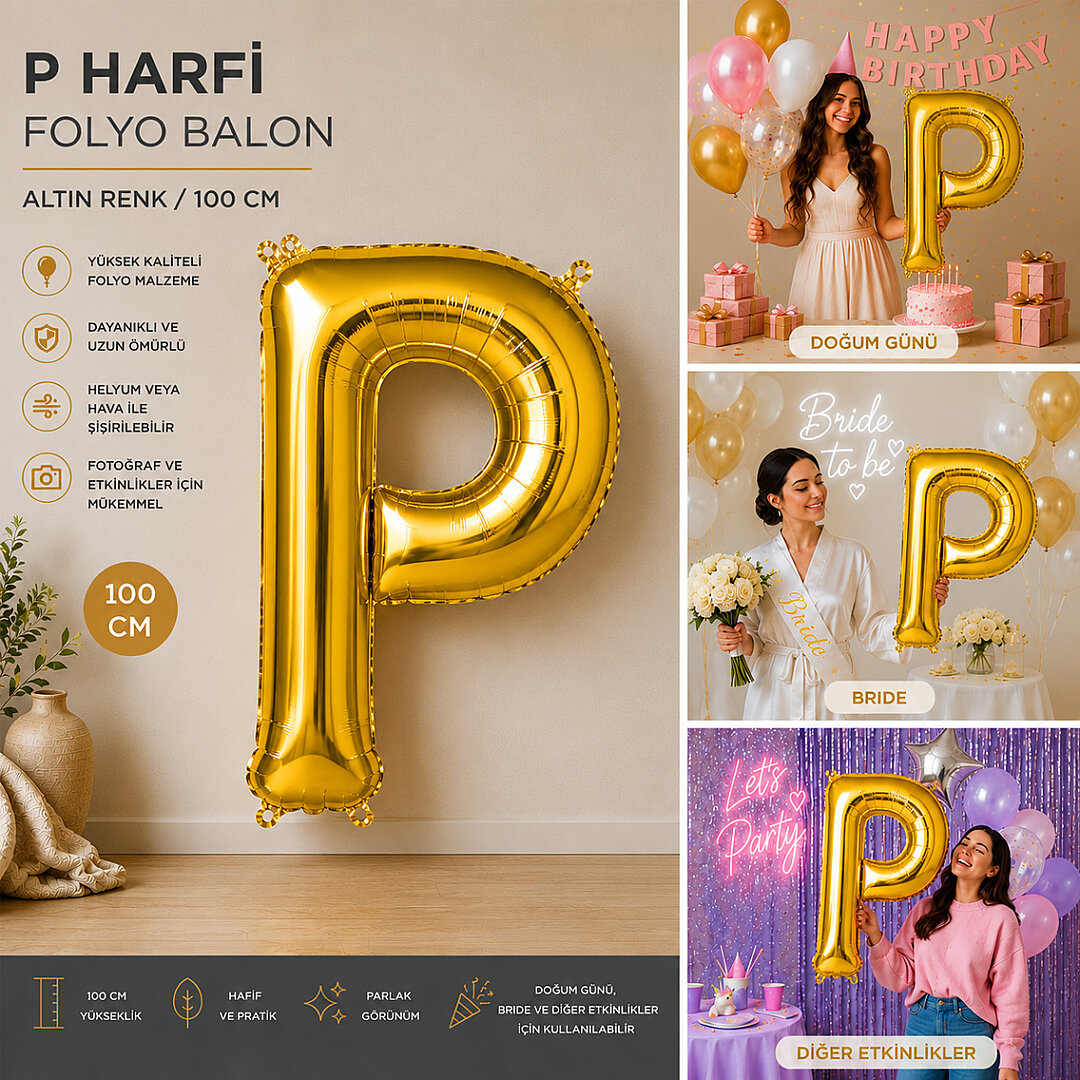P Harfi Folyo Balon Altın Rengi (100 cm) - Beysüs (1)
