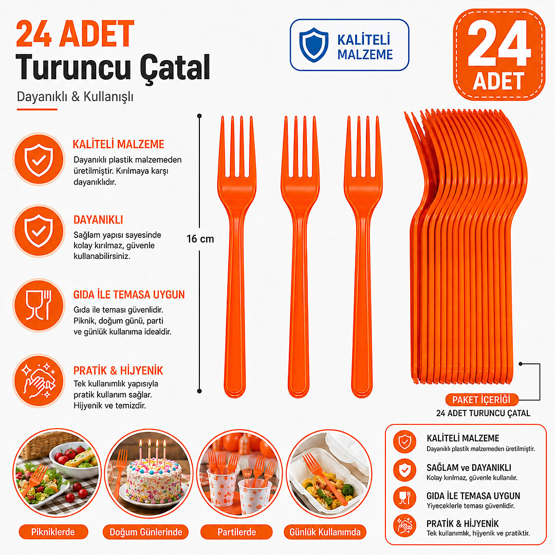 Parti Çatalı Lüks Plastik Turuncu 24 Adet - Beysüs (1)