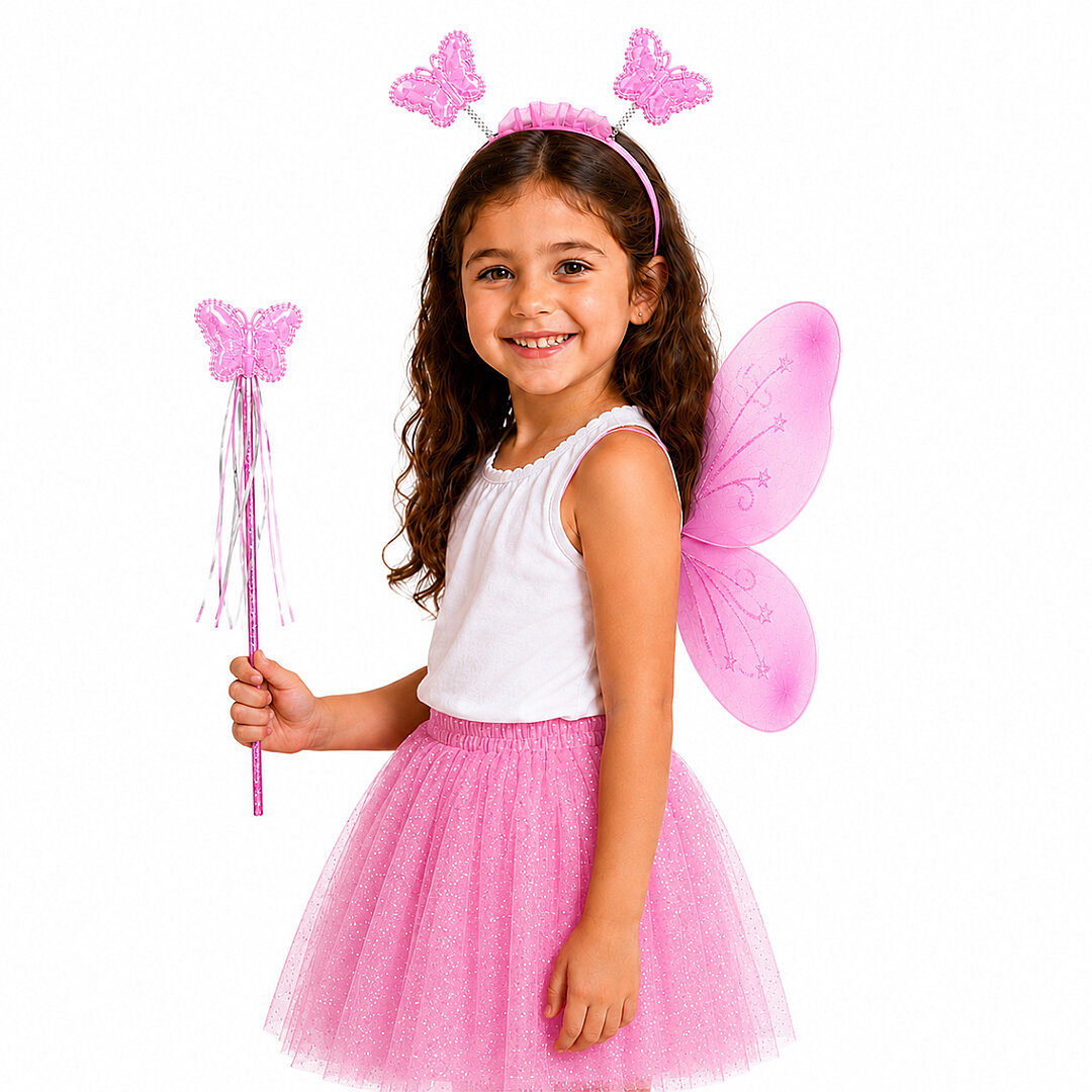 Parti Çocuk Kelebek Kanat Taç Asa Set Pembe 