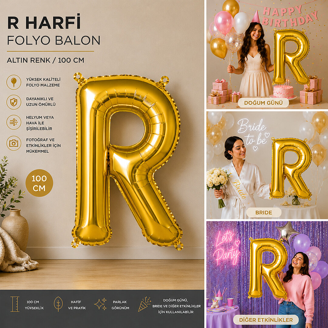 R Harfi Folyo Balon Altın Rengi (100 cm) - Beysüs (1)