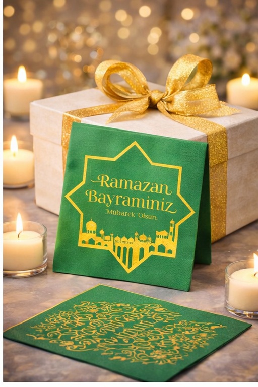 Ramazan Bayramı ALtın Varak Desenli Yeşil Peçete